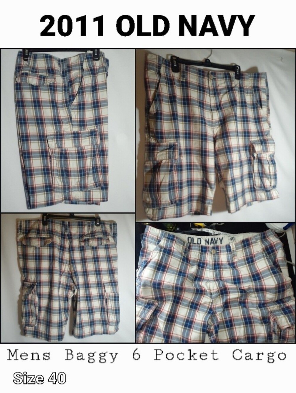 Cargo Shorts Mens Old Navy Size 40 Tartan Plaid 6 Pocket